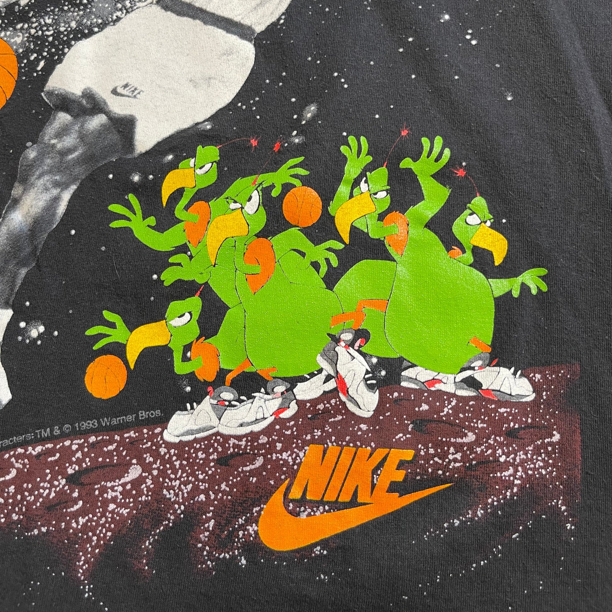 Collage with cartoon character, basketball player, and Nike logo on a dark background