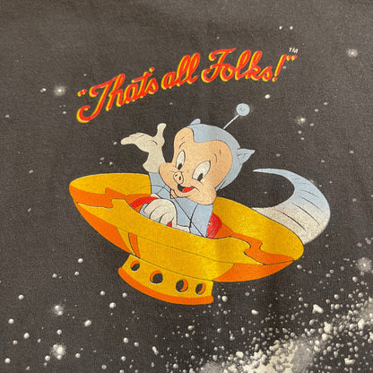 Character in a yellow spaceship with 'That's all Folks!' text on a dark background